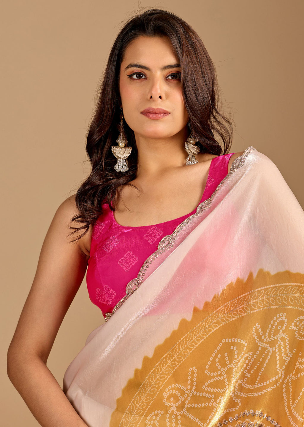 Ivory Beige Organza Saree with Stone Work Border & Mustard Bandhani Pallu