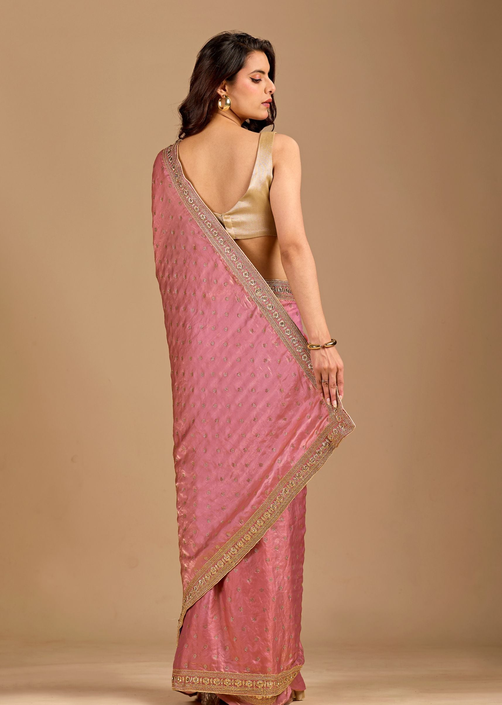 Blush Pink Organza Saree with Stone Butti Work & Floral Embellished Border
