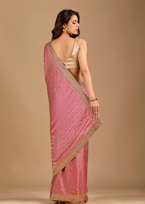 Blush Pink Organza Saree with Stone Butti Work & Floral Embellished Border