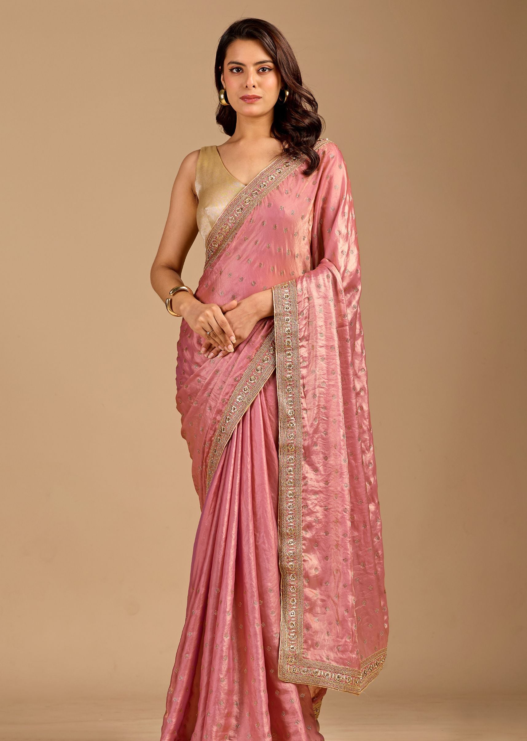 Blush Pink Organza Saree with Stone Butti Work & Floral Embellished Border