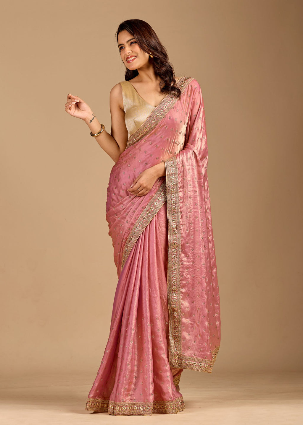 Blush Pink Organza Saree with Stone Butti Work & Floral Embellished Border