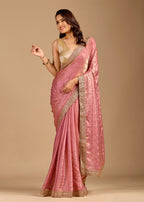 Blush Pink Organza Saree with Stone Butti Work & Floral Embellished Border