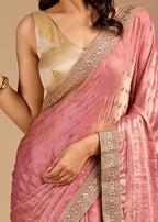 Blush Pink Organza Saree with Stone Butti Work & Floral Embellished Border