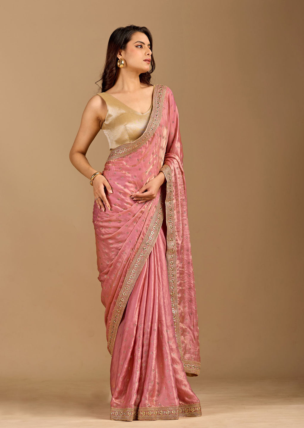 Blush Pink Organza Saree with Stone Butti Work & Floral Embellished Border