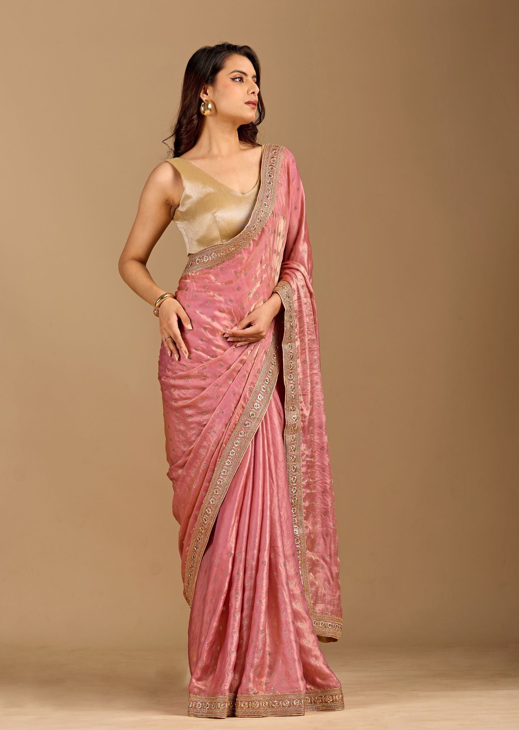 Blush Pink Organza Saree with Stone Butti Work & Floral Embellished Border
