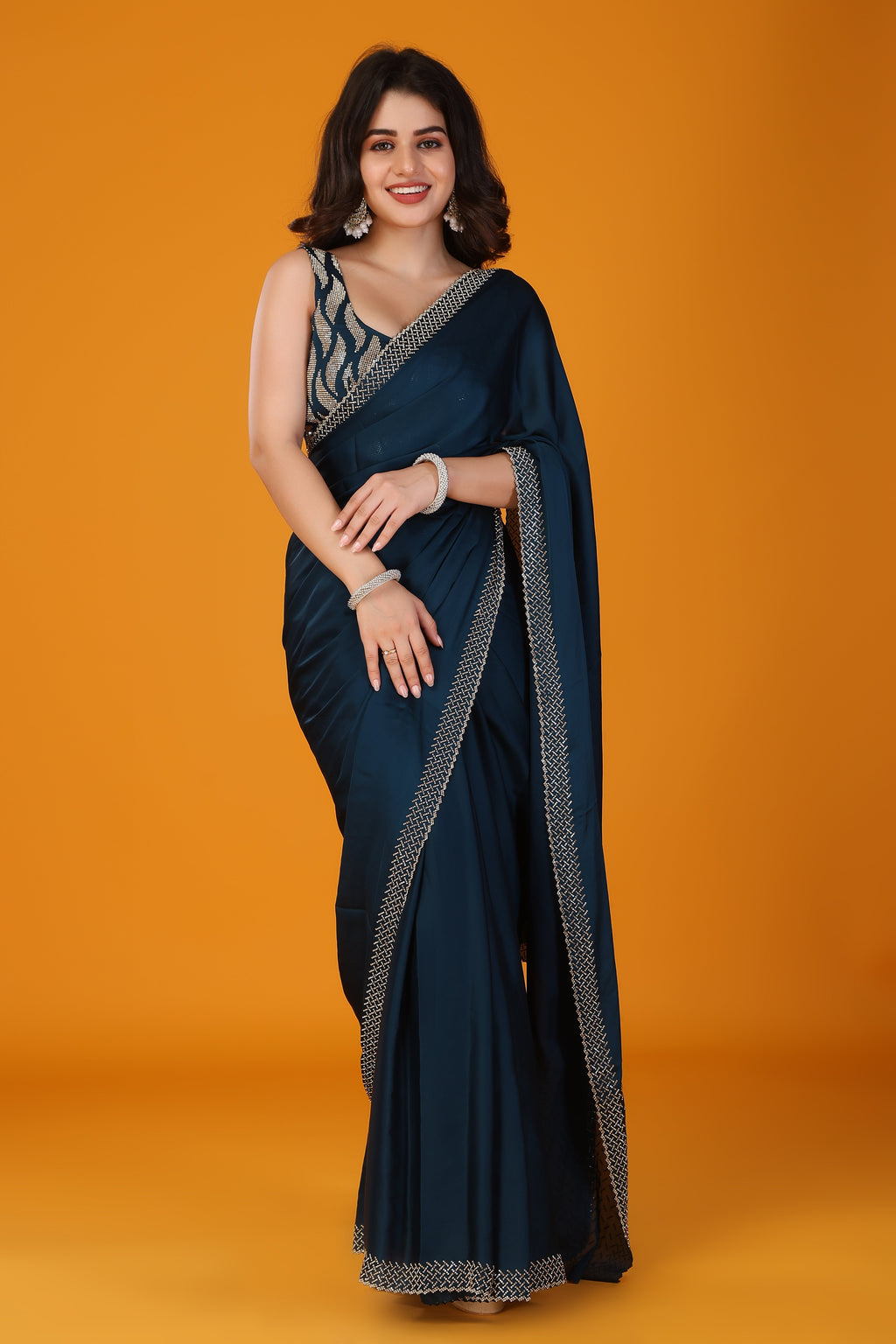 Blue stone work pure satin saree