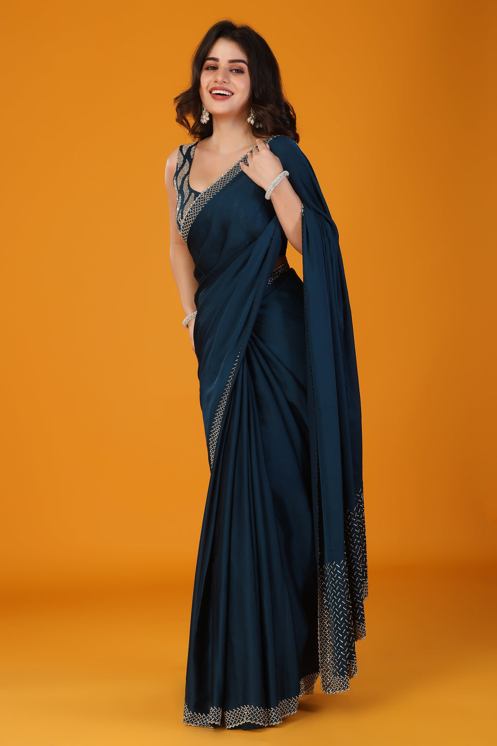 Blue stone work pure satin saree
