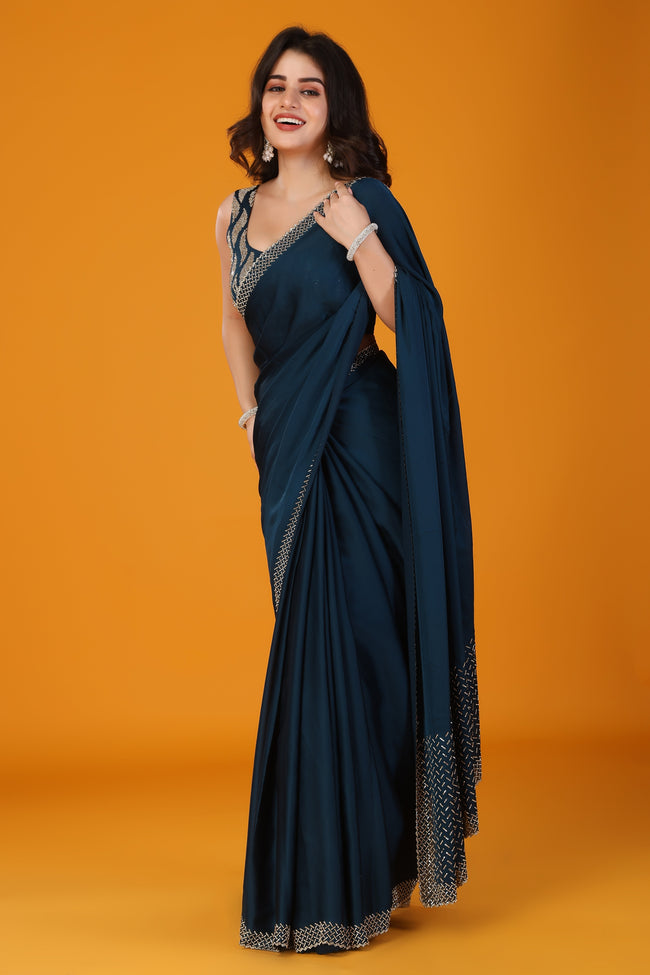 Blue stone work pure satin saree Main Image