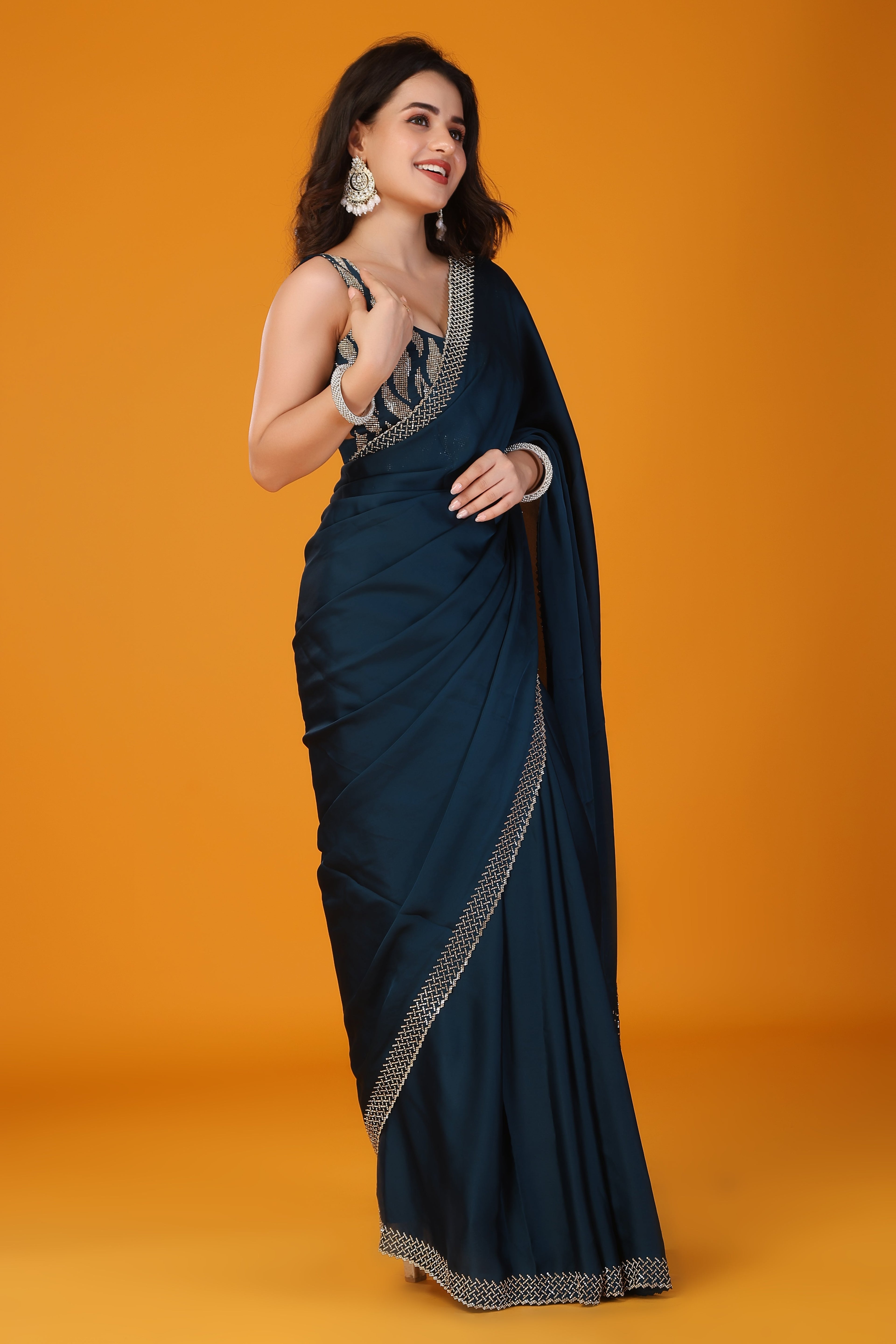Blue stone work pure satin saree