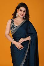 Blue stone work pure satin saree