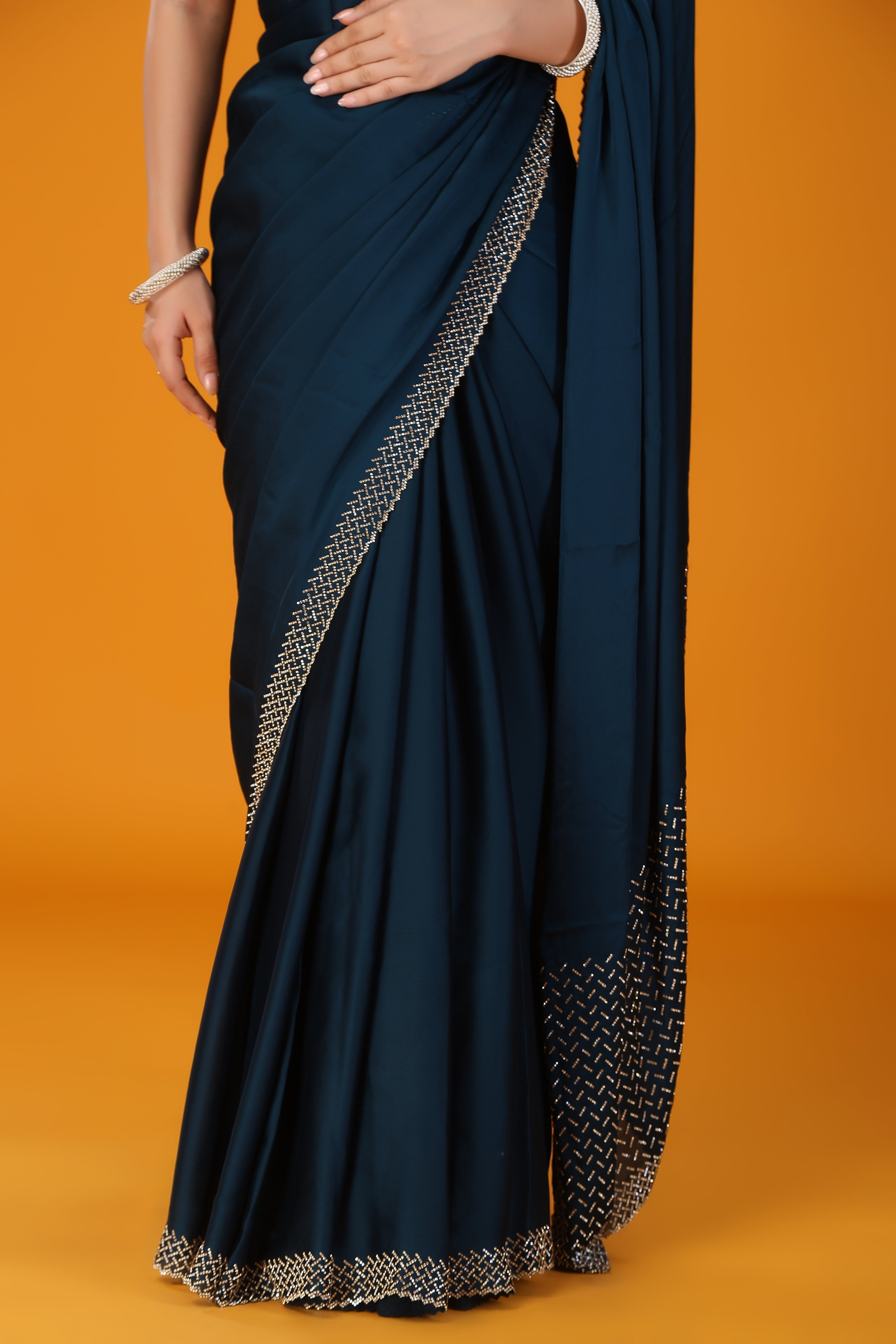 Blue stone work pure satin saree