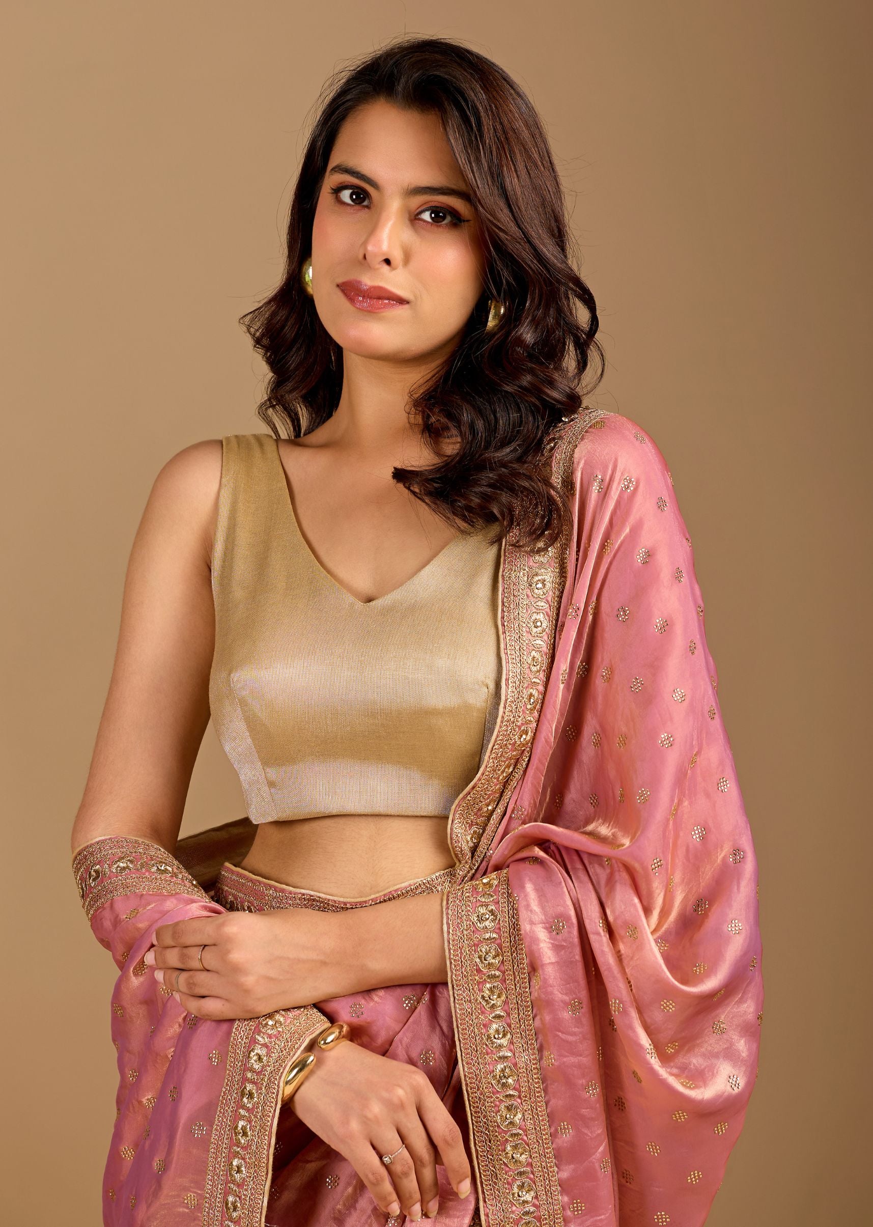 Blush Pink Organza Saree with Stone Butti Work & Floral Embellished Border