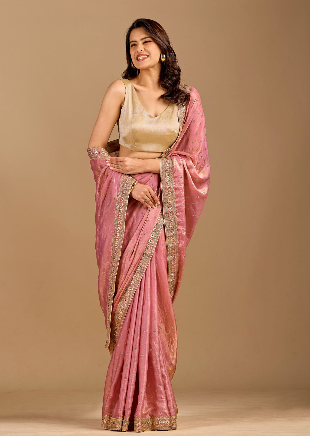 Blush Pink Organza Saree with Stone Butti Work & Floral Embellished Border
