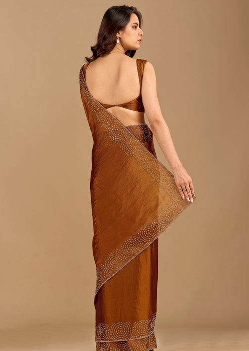 Brown Organza Saree with Swirl Stone Work Designer Border