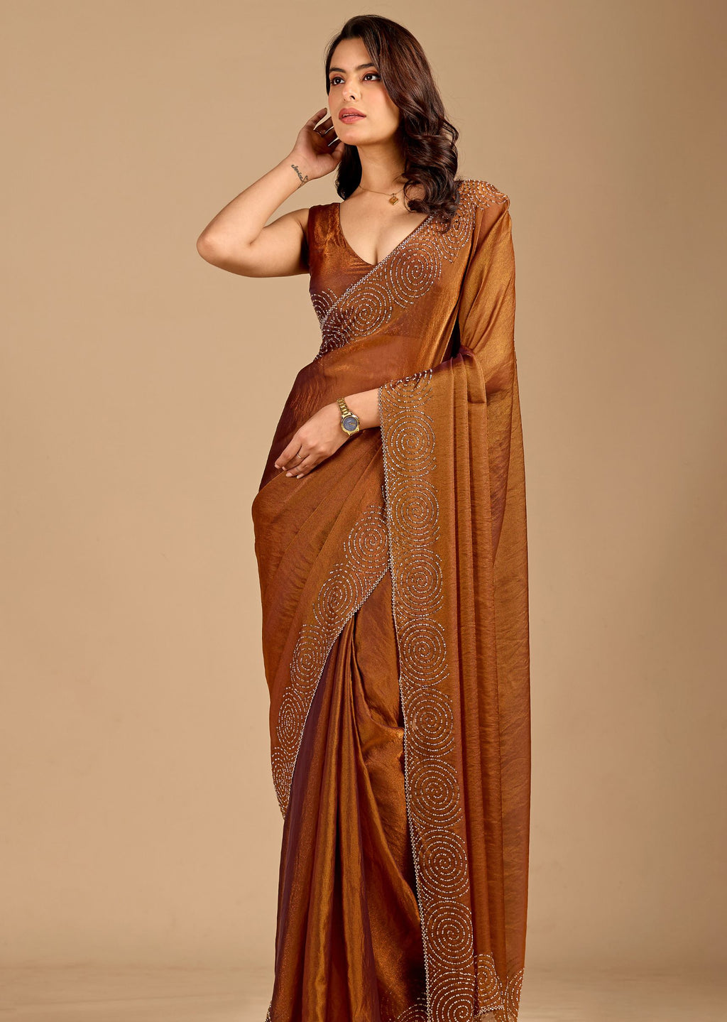 Brown Organza Saree with Swirl Stone Work Designer Border