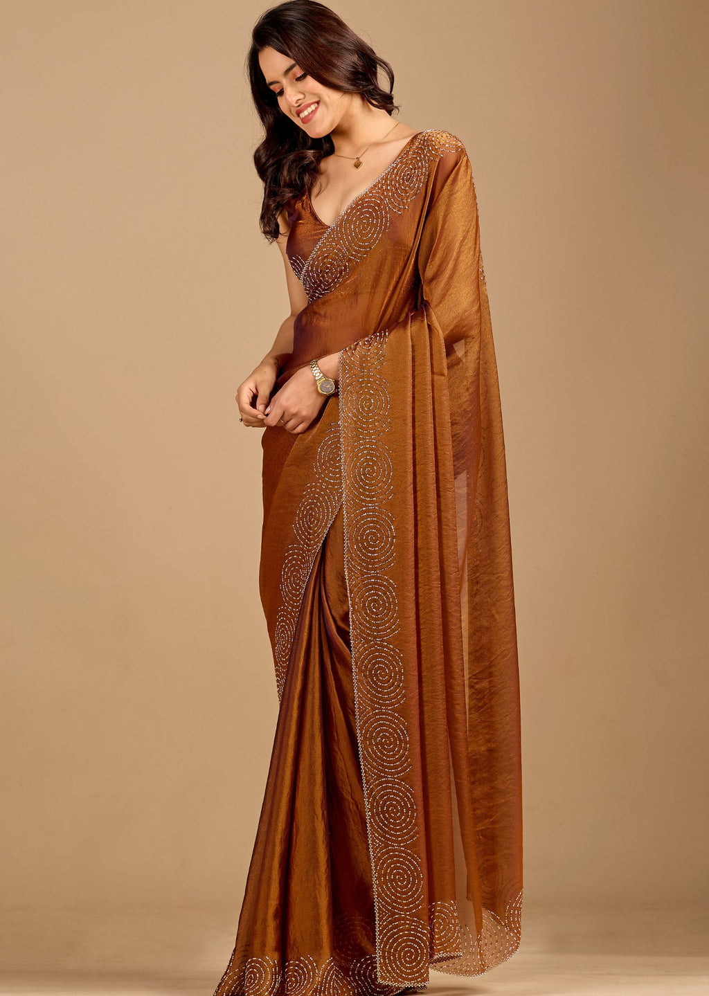 Brown Organza Saree with Swirl Stone Work Designer Border