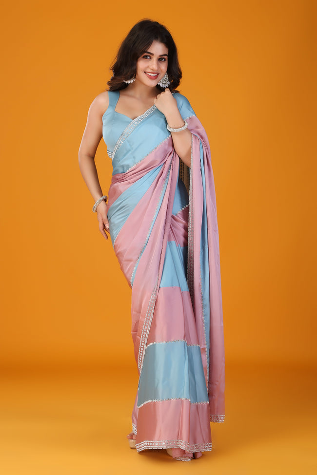 Blue & Pink two tone stone work soft silk saree Hover Image