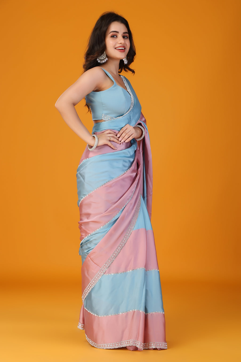 Blue & Pink two tone stone work soft silk saree