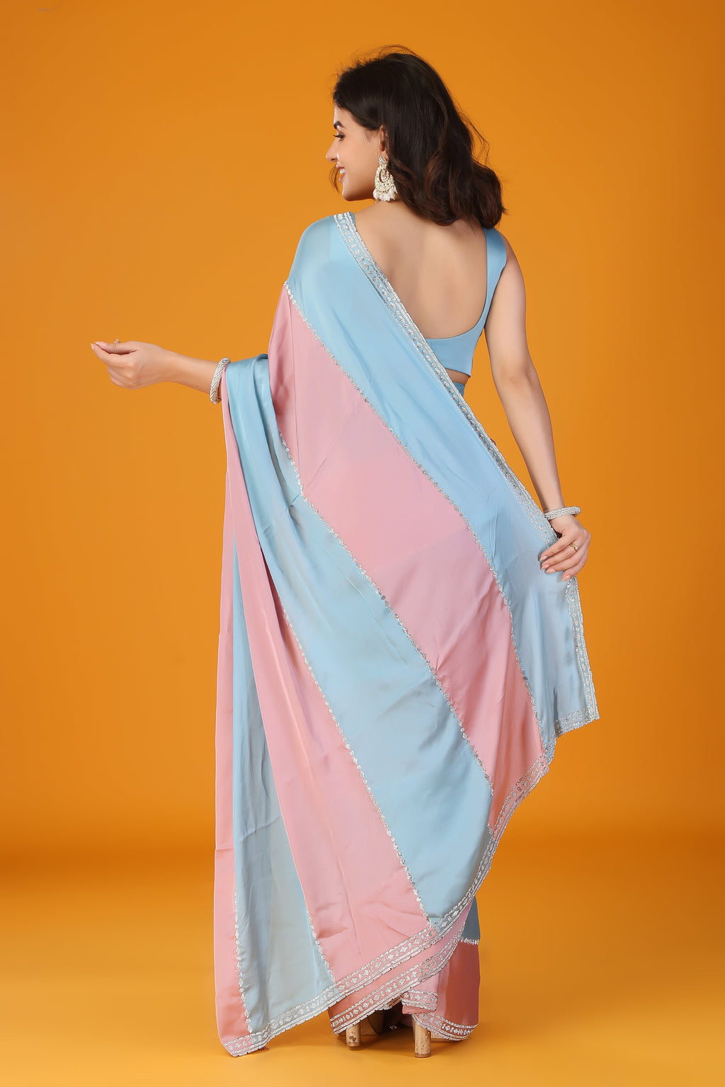 Blue & Pink two tone stone work soft silk saree