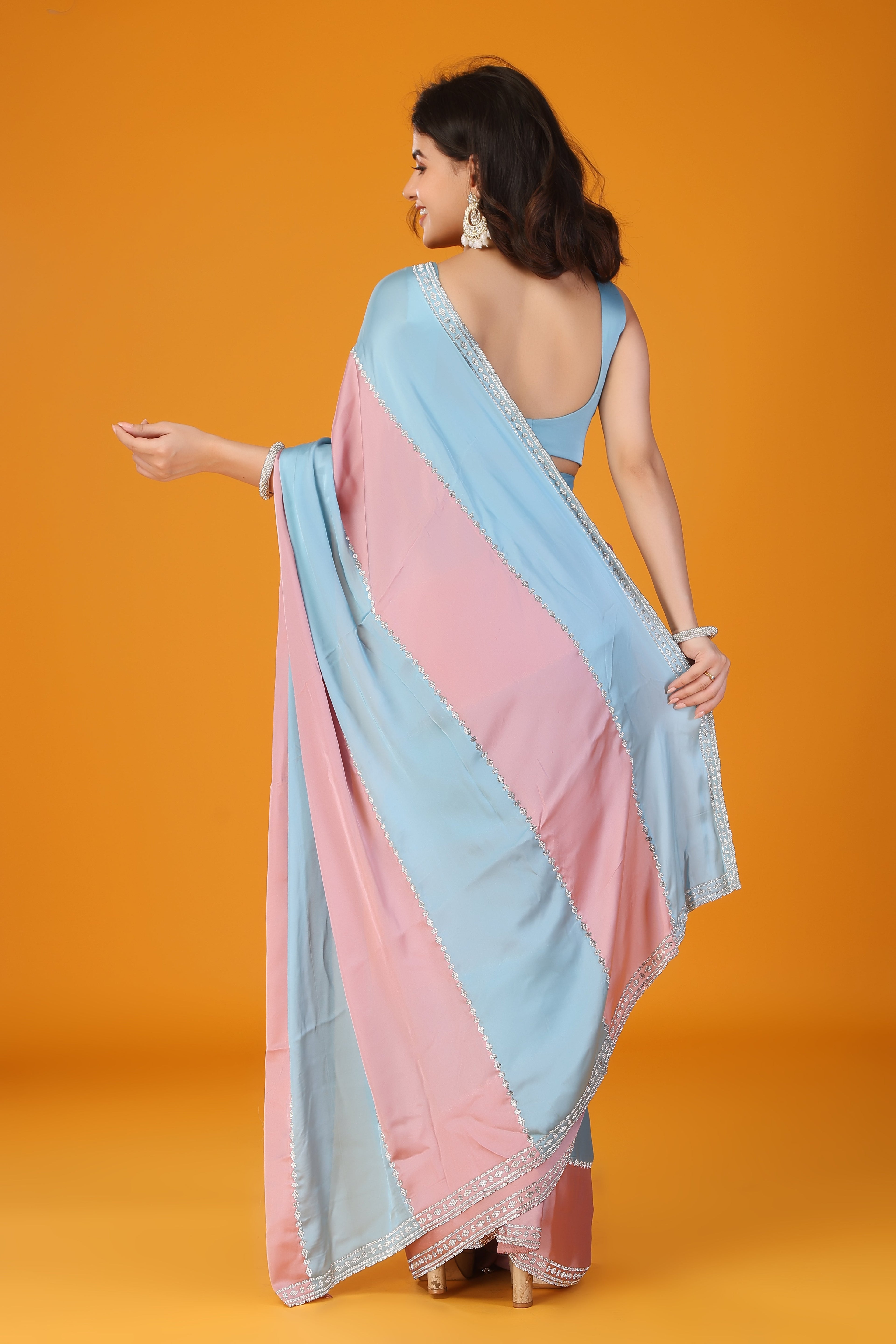 Blue & Pink two tone stone work soft silk saree