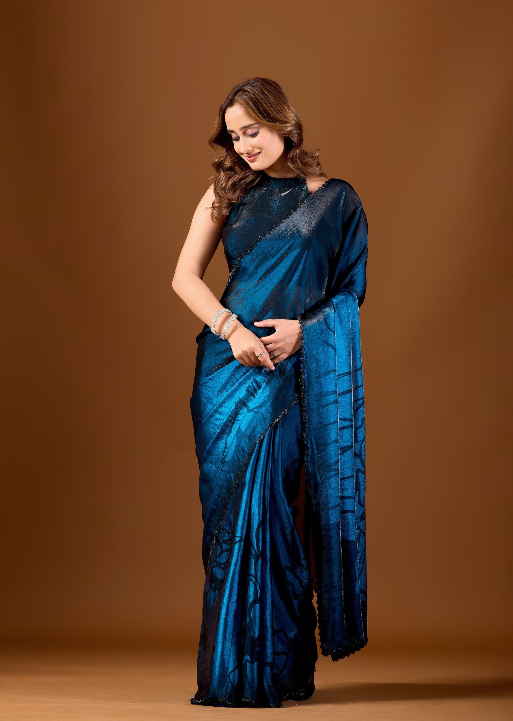 Wine Purple Organza Saree with Abstract Floral Print & Designer Scalloped Border