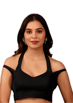 Black Halter Neck Cold Shoulder Readymade Blouse for Women