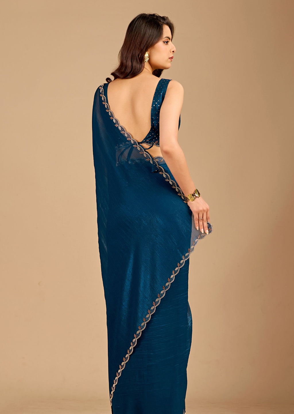 Teal Blue Organza Saree with Floral Stone Work Designer Border