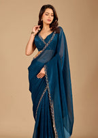 Teal Blue Organza Saree with Floral Stone Work Designer Border