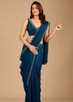 Teal Blue Organza Saree with Floral Stone Work Designer Border