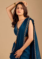 Teal Blue Organza Saree with Floral Stone Work Designer Border