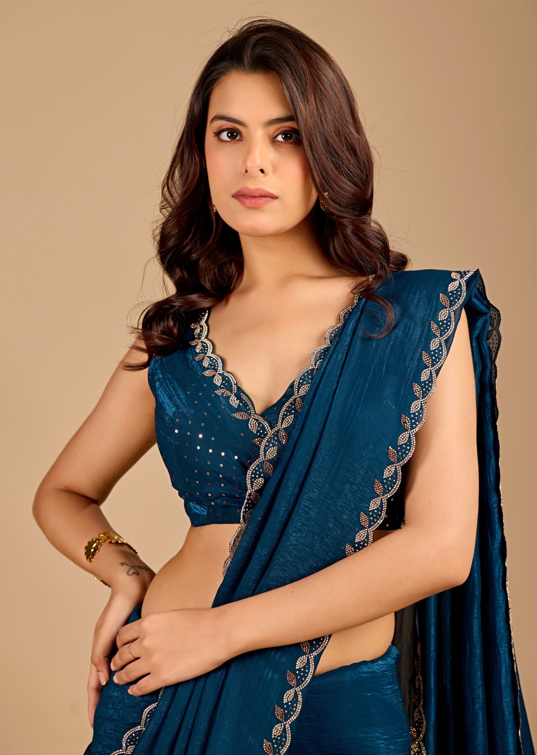 Teal Blue Organza Saree with Floral Stone Work Designer Border
