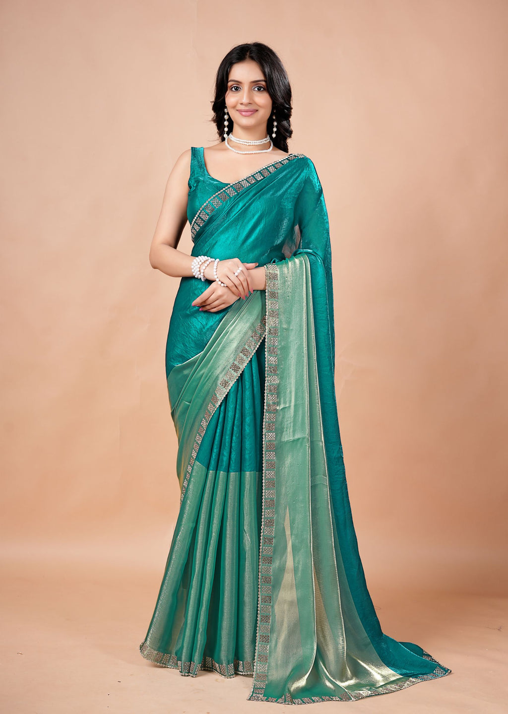Turquoise Organza Saree with Geometric Stone Work Designer Border