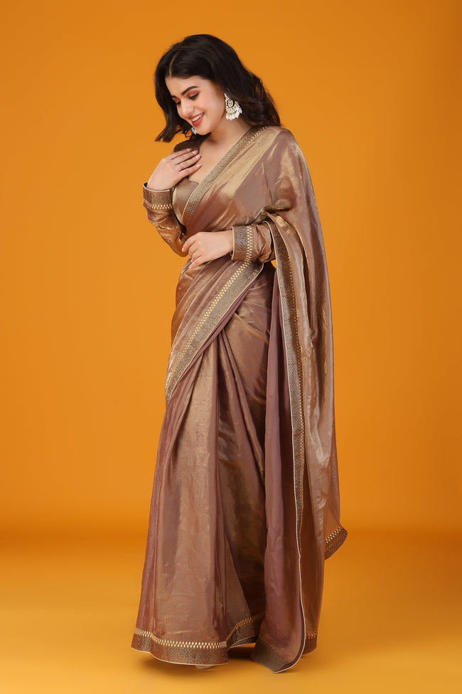 Brown metallic beads and stone work saree Main Image