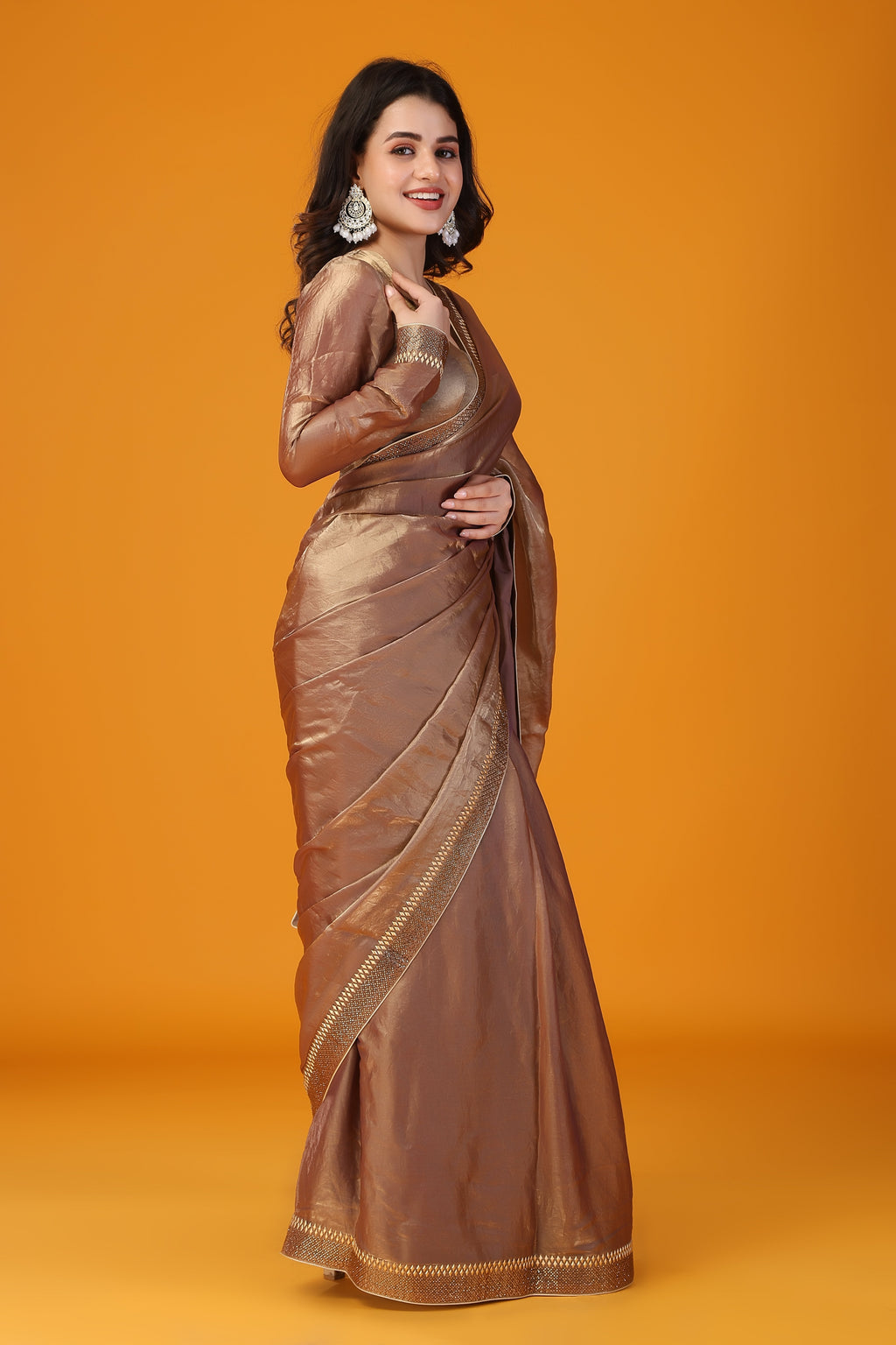 Brown metallic beads and stone work saree