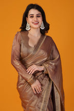 Brown metallic beads and stone work saree