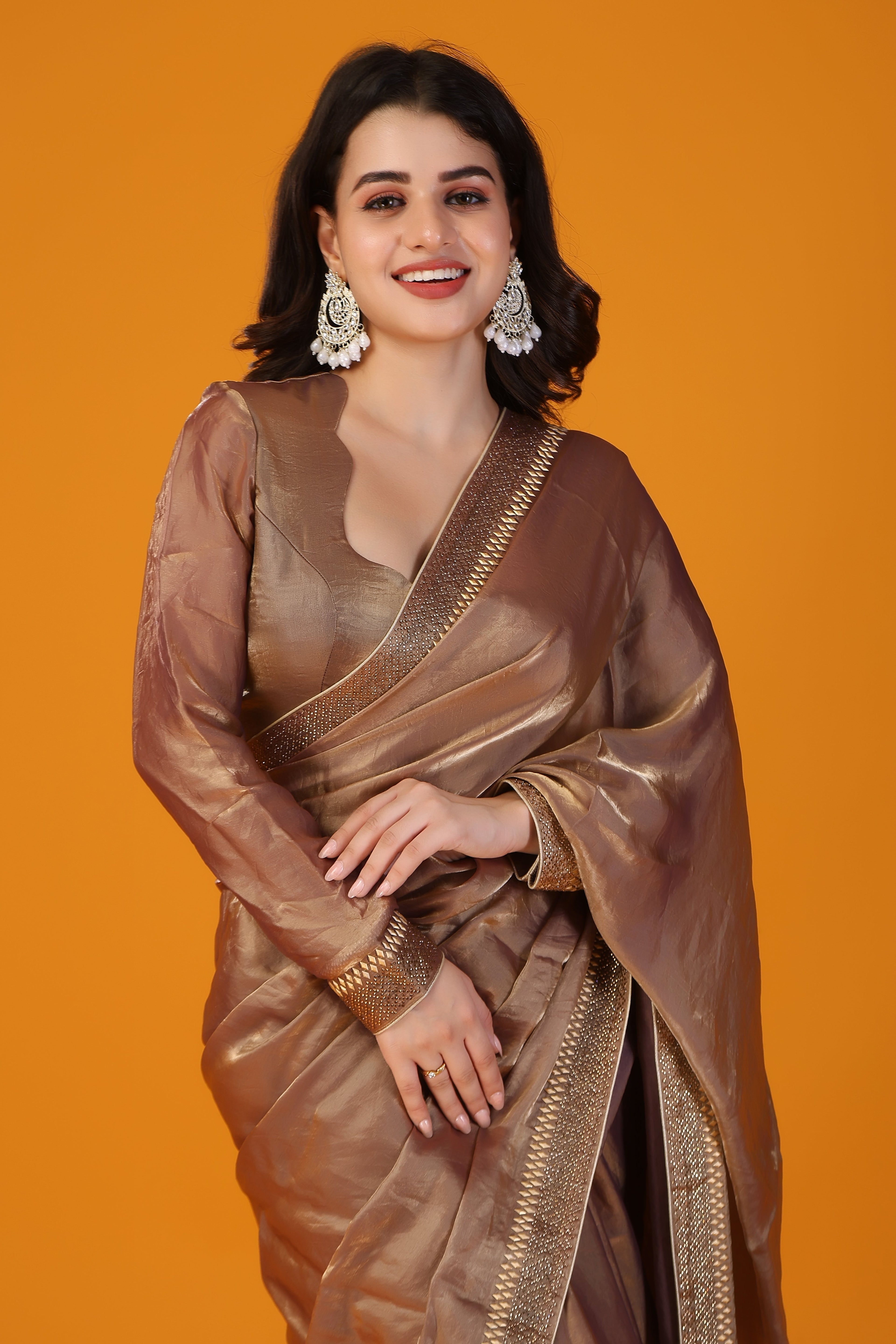 Brown metallic beads and stone work saree