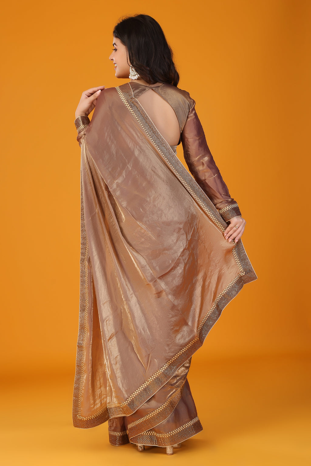 Brown metallic beads and stone work saree