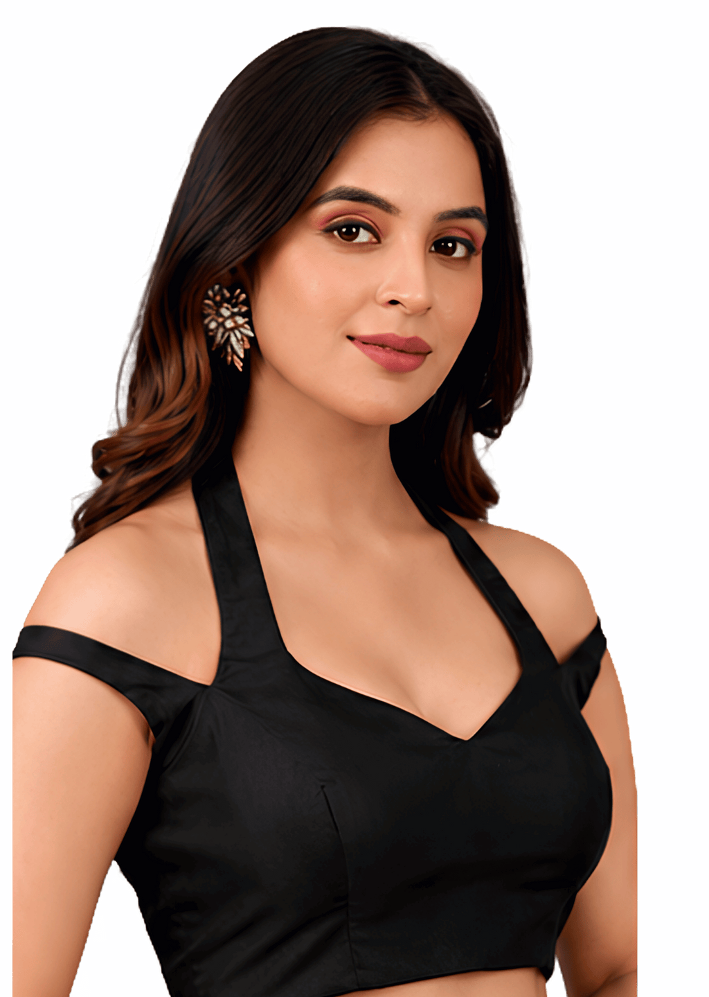 Black Halter Neck Cold Shoulder Readymade Blouse for Women