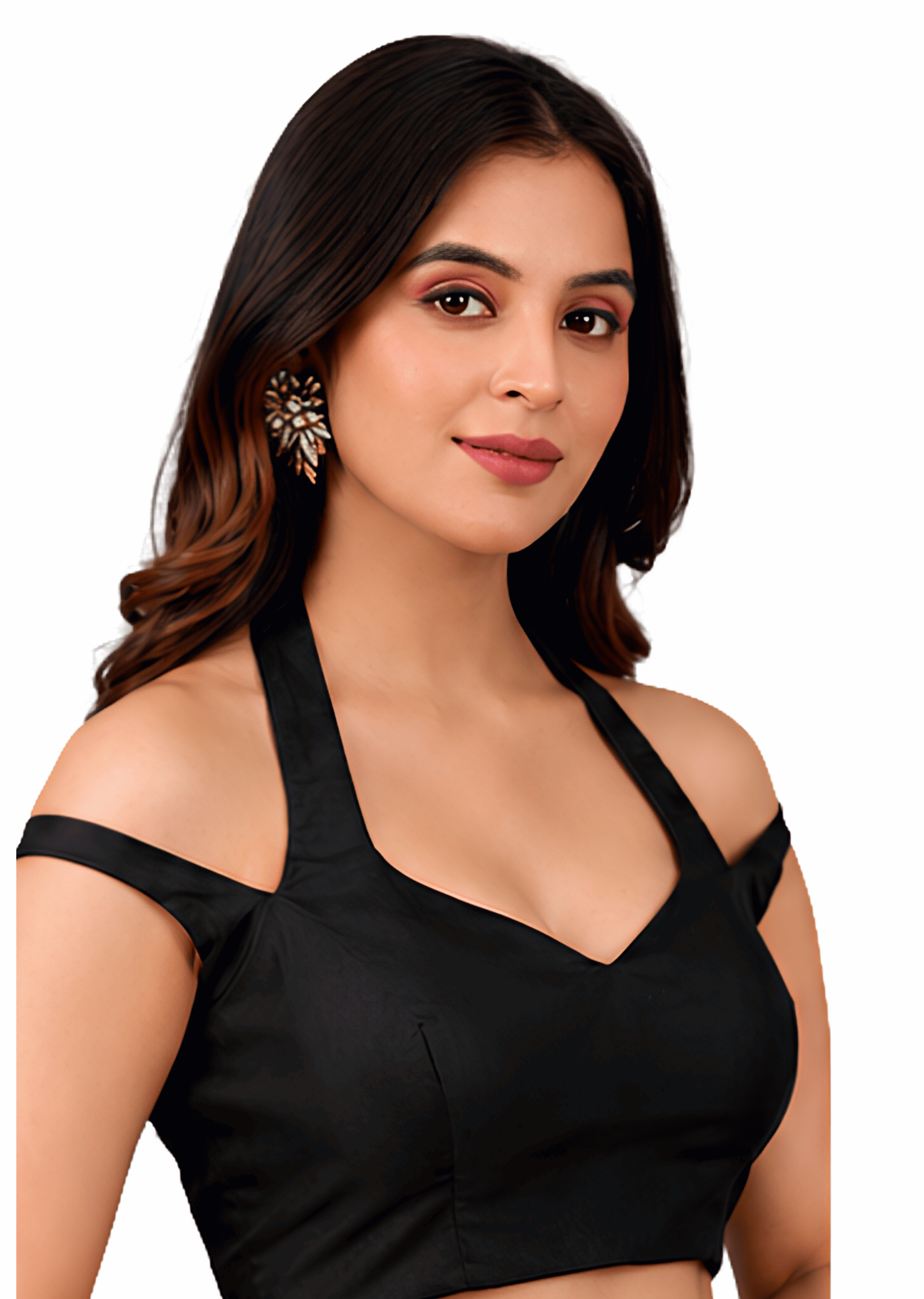 Black Halter Neck Cold Shoulder Readymade Blouse for Women