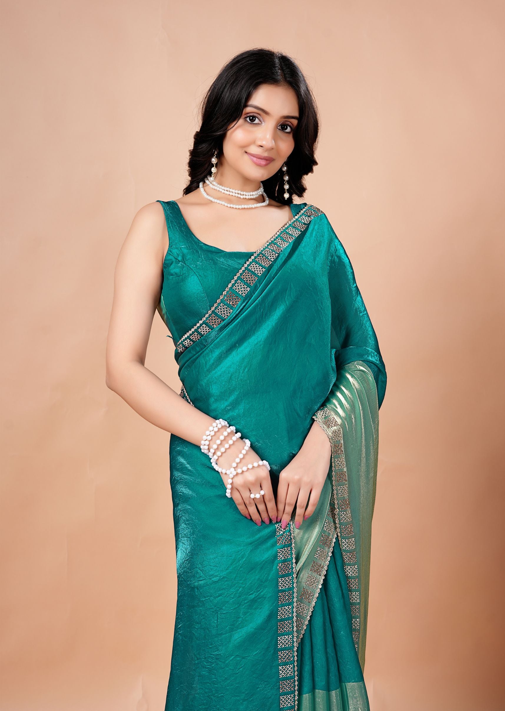 Turquoise Organza Saree with Geometric Stone Work Designer Border