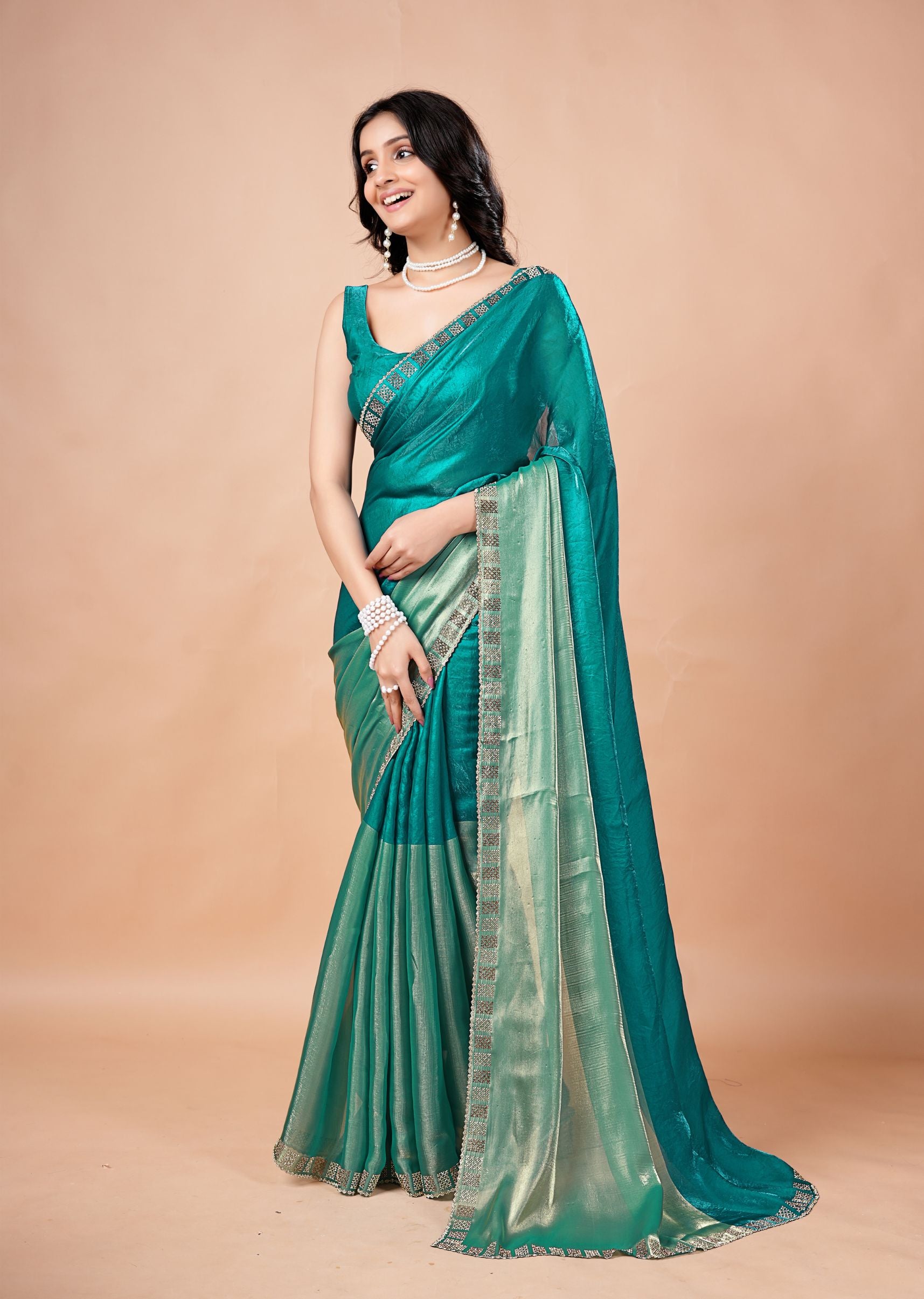 Turquoise Organza Saree with Geometric Stone Work Designer Border