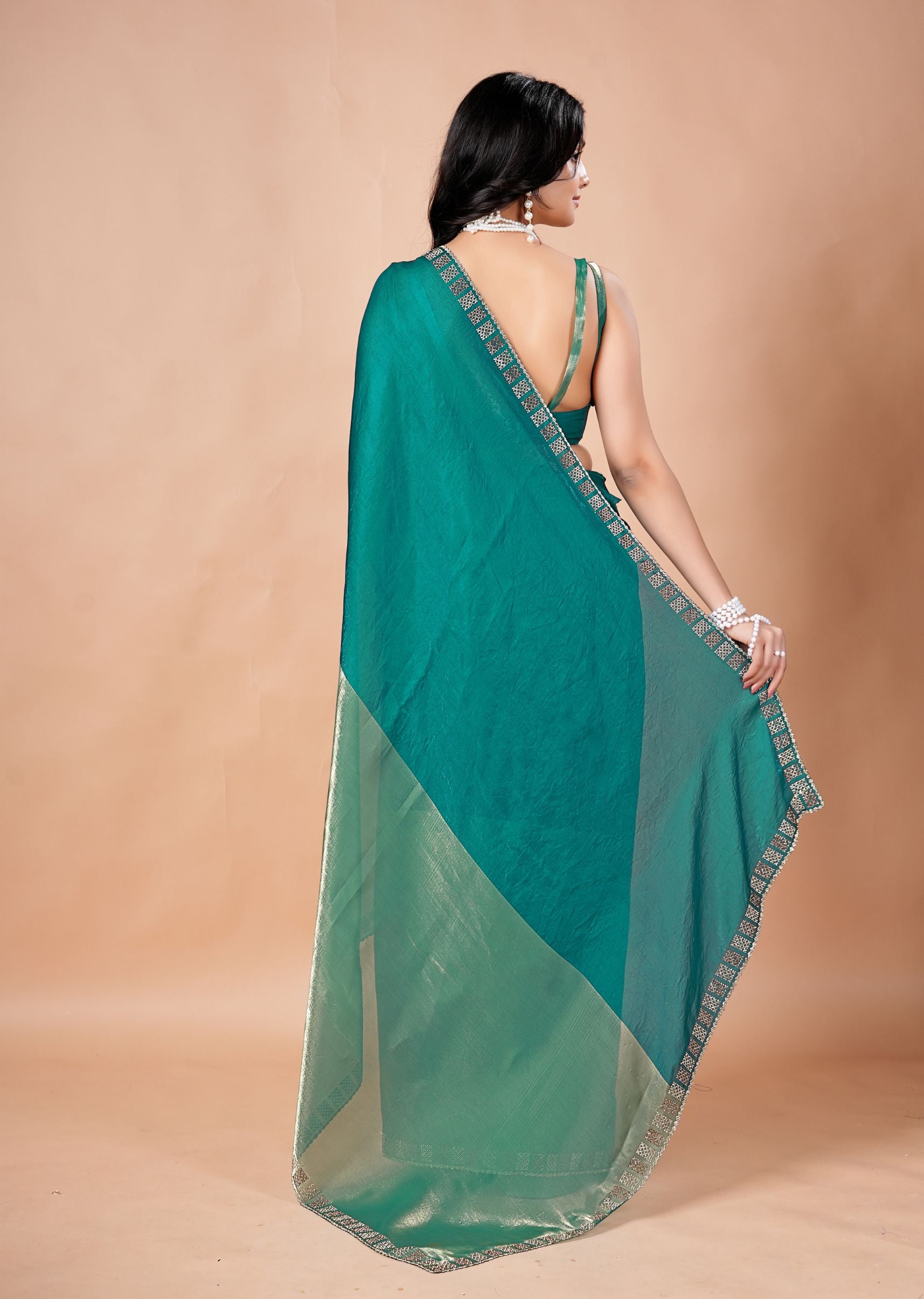 Turquoise Organza Saree with Geometric Stone Work Designer Border
