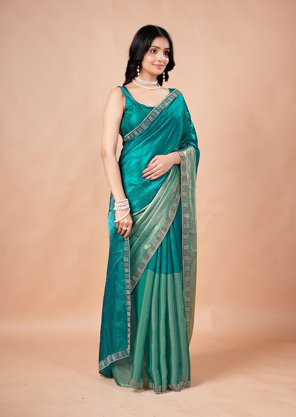 Turquoise Organza Saree with Geometric Stone Work Designer Border