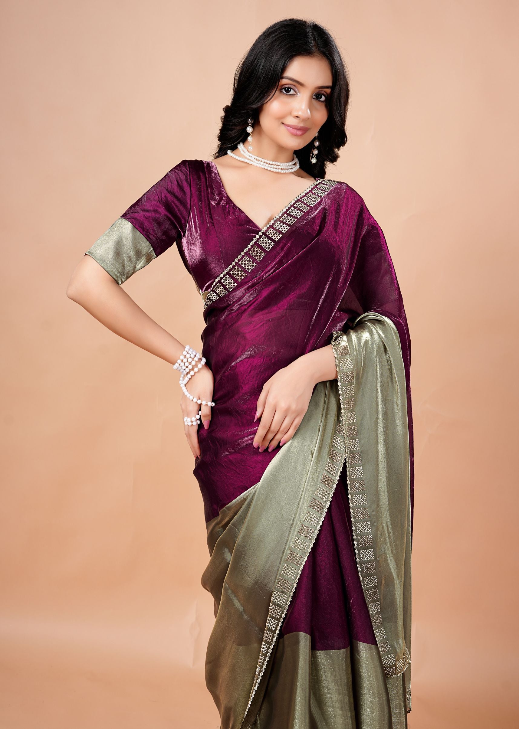 Turquoise Organza Saree with Geometric Stone Work Designer Border