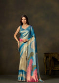 A woman models a traditional Indian saree with a blue, pink, and beige abstract pattern against a dark brown studio backdrop.