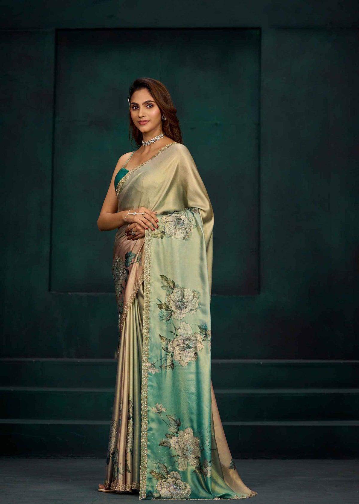 Green Ombre White Floral Printed Satin Silk Saree With Embellished Border