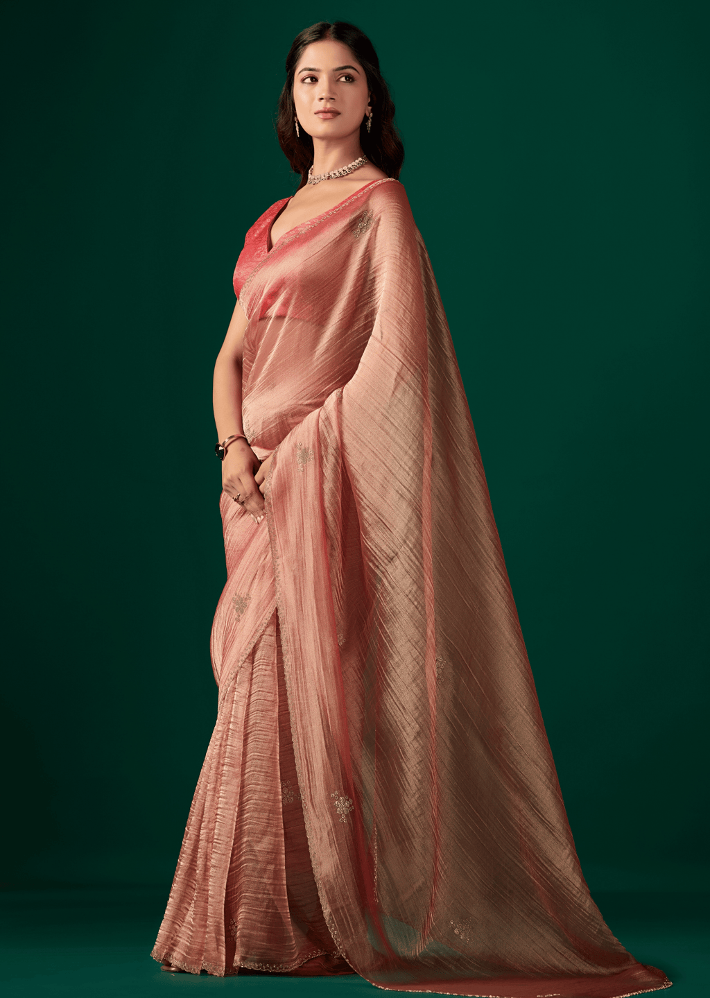 Red Crushed Organza Saree Side View - Party Wear Saree