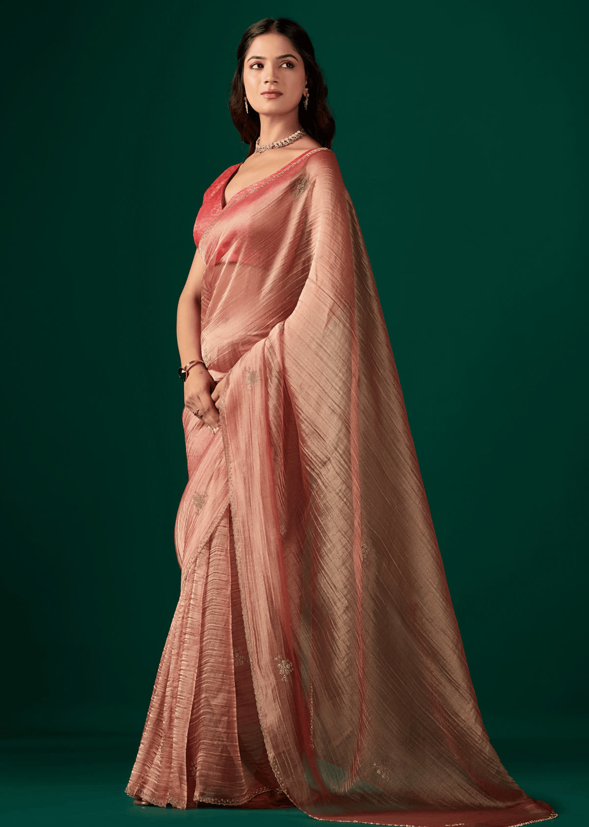 Red Crushed Organza Saree Side View - Party Wear Saree