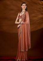 Peach Orange Tissue Saree With Scalloped Zari Border - Front Look | Buy Online Ethnic9