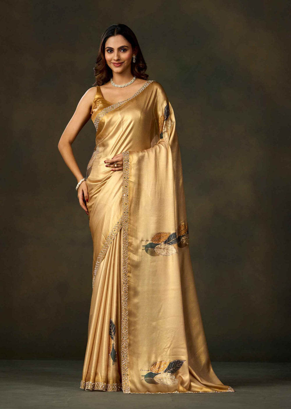golden satin silk saree with leaf motifs full front pose
